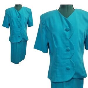 Vintage 1980s Blue Two piece suit Scalloped jacket pencil skirt business banker
